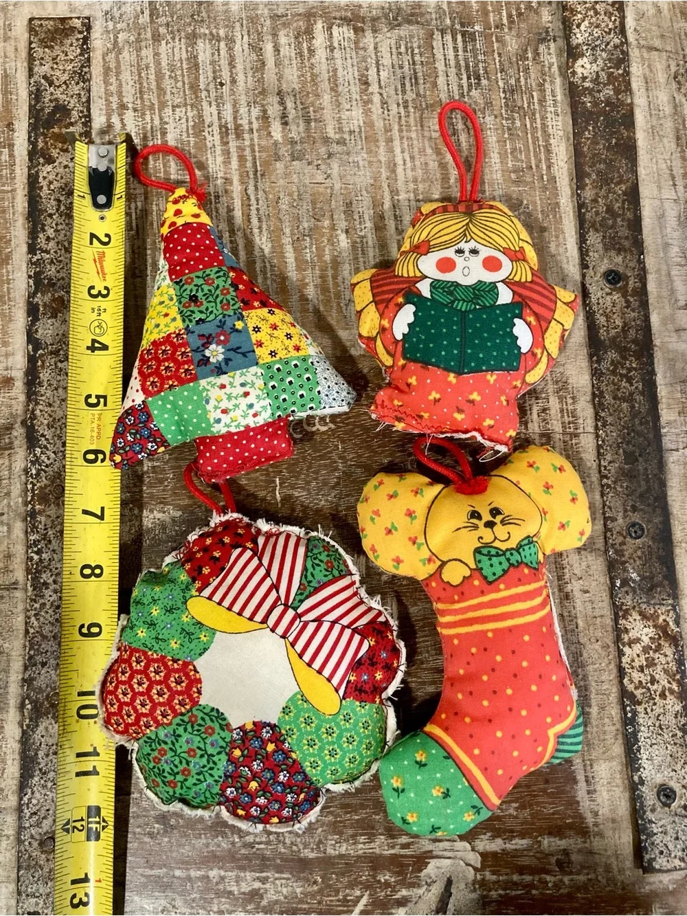 Vintage Handmade Patchwork Christmas Ornaments - Set of 4